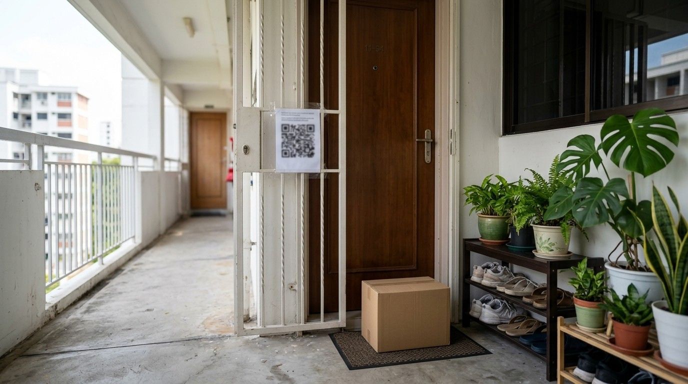 A parcel on the doormat of an HDB flat, with a QR code notice taped to the gate