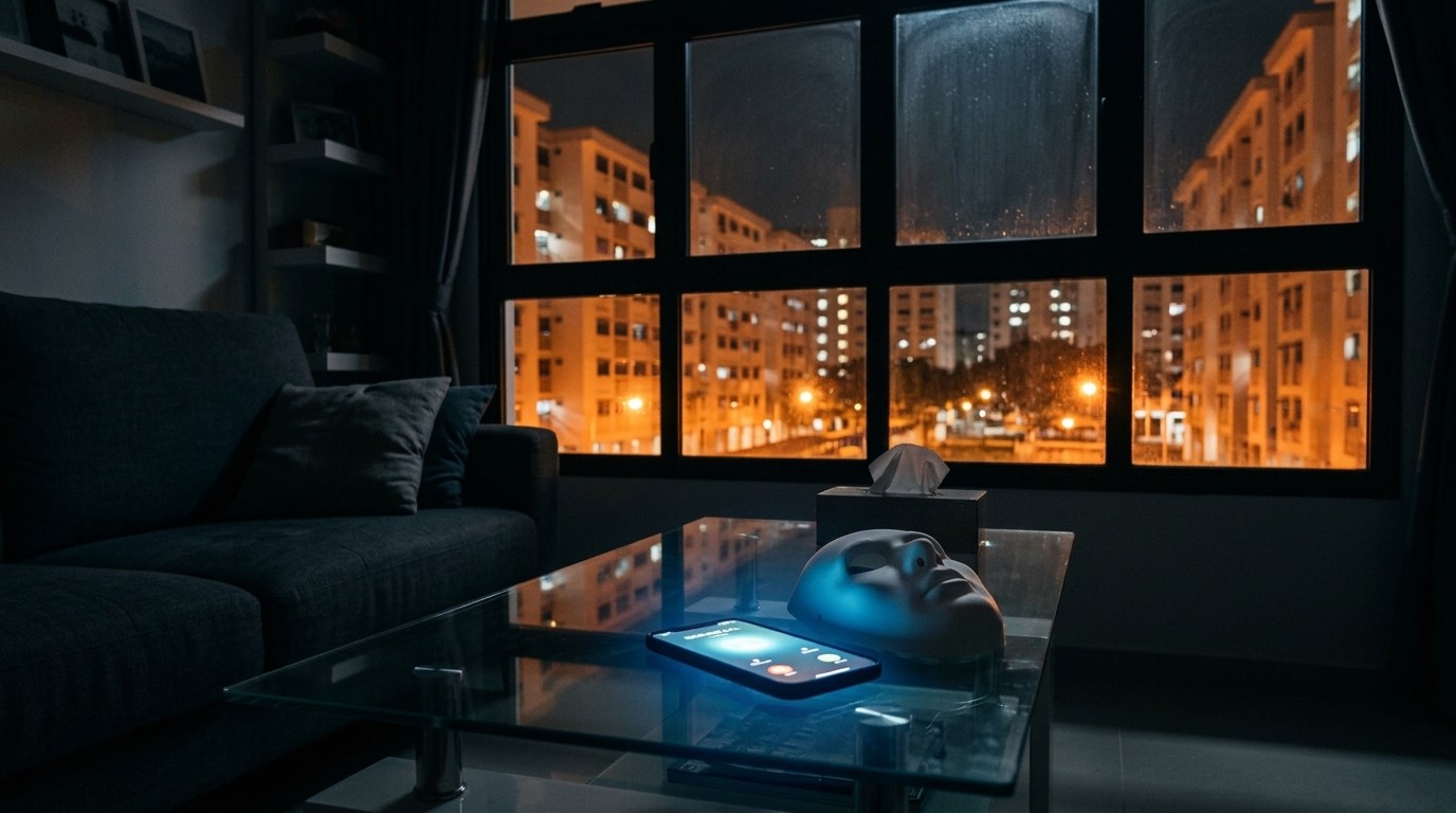 A phone lights up with an incoming call on a coffee table at night, beside a white mask