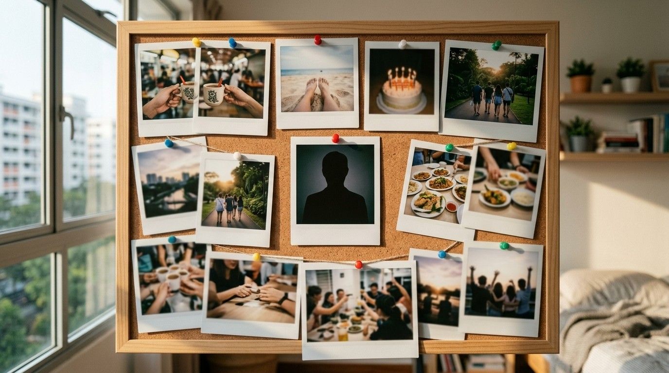 A cork board of friends’ photos, with one photo in the middle showing only a dark silhouette