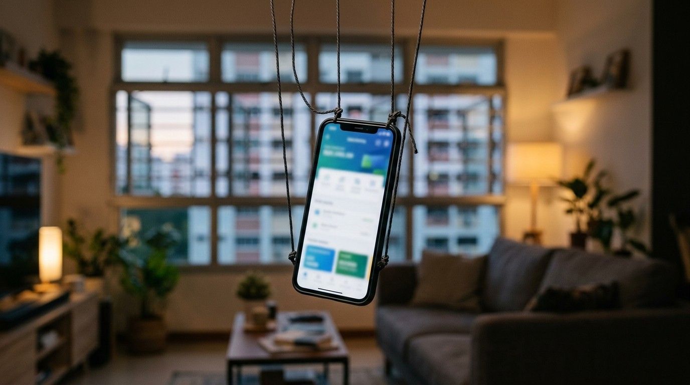 A phone showing a banking app, hanging from puppet strings in a living room