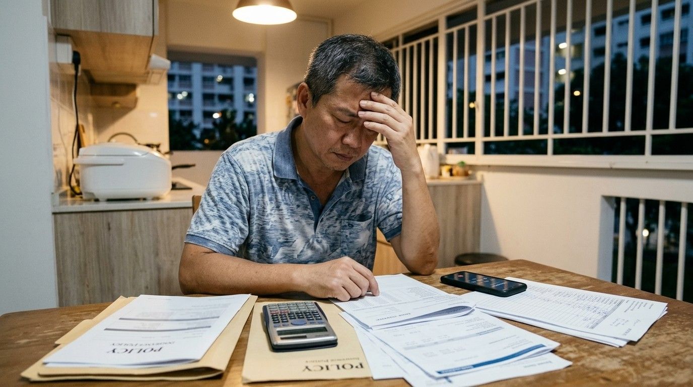 A worried man at his dining table with insurance policy papers, a calculator and his phone