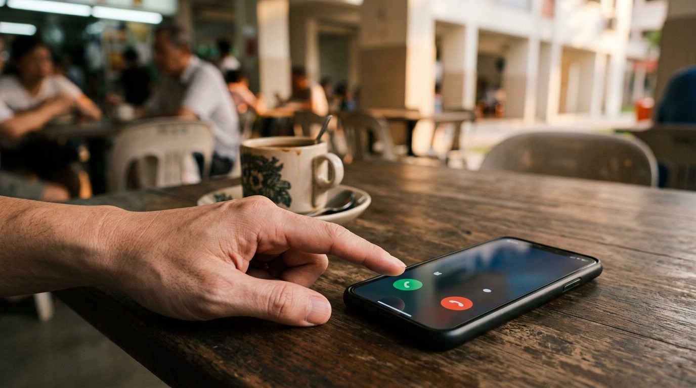 A hand hovers over a phone ringing on a kopitiam table